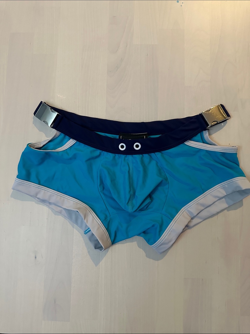 Andrew Christian Teal Swimming Shorts with Navy Waistband and Silver Buckles